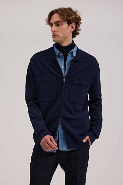 Jakamen Navy Blue Slim Fit Peter Pan collar Rayon Knitwear Jacket with Zipper...