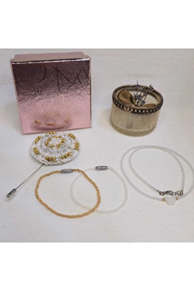 Amma Design Handmade Pearl White Jewelry Gift Set, Brooch Necklace and 2 Brac...