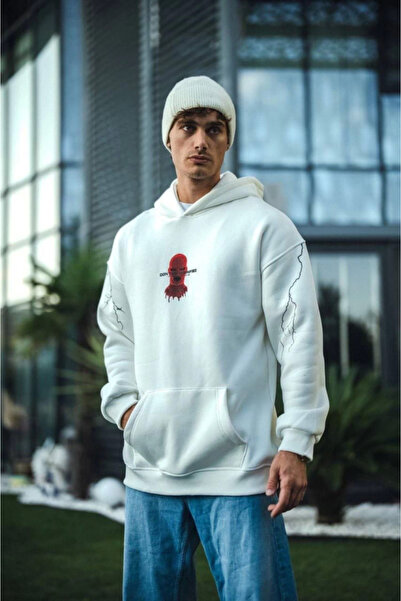 buğrahayalin Three Thread Hooded Printed Oversize Sweatshirt- White