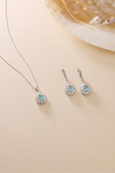 Nereze 925 Ayar Gümüş Set Rodyum Kaplama Damla Aquamarin Taşlı Kolye ve Küpe