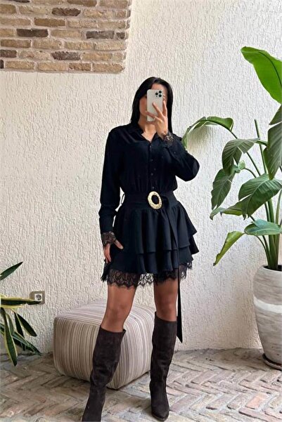 Neşeli Butik Women Black Shirt Collar Lace Detailed Layered Mini Dress Nbmy3858