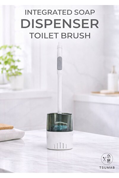 TSUMAB فرشاة تنظيف المرحاض مع موزع صابون مدمج وزر صابون مدمج، شعيرات رمادية م...