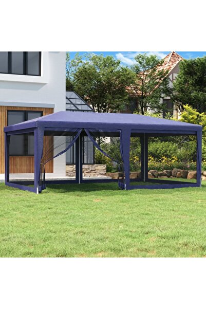 vidaxl خيمة حفلات بستة جدران جانبية شبكية، لون أزرق، 6 × 4 متر، مصنوعة من الب...