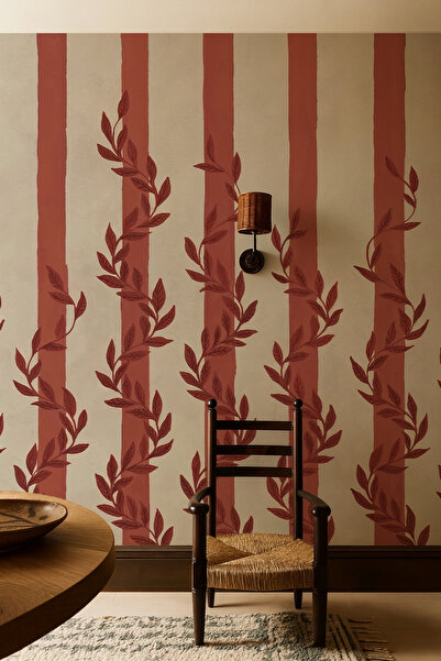 Arkhearts Floroma – Bordo Yaprak Desenli Çizgili Kendinden Yapışkanlı Duvar K...