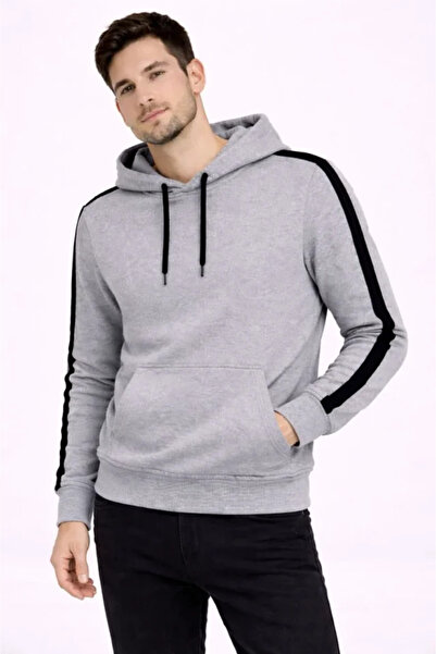 Giyimodam Men's Striped Hooded Sweatshirt Oversized 3 Thread Cotton - Gray