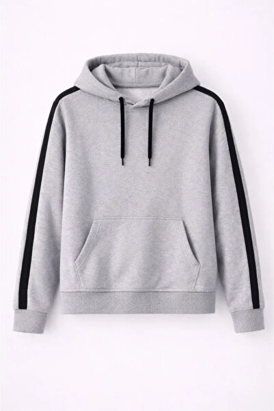 JANES Ανδρικό φούτερ με κουκούλα ριγέ oversized βαμβακερό - γκρι