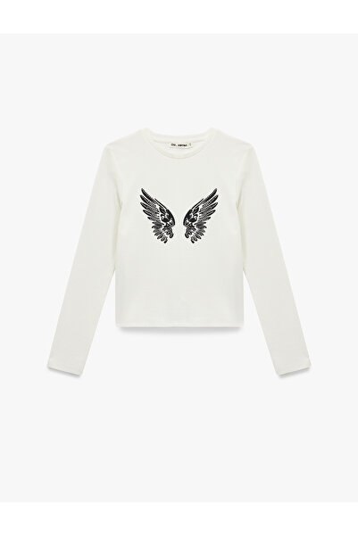 Koton Cotton Stone Detailed Slim Fit Wing Printed Long Sleeve T-Shirt