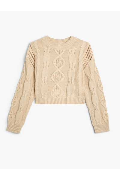 Koton Crop Sweater Lace-Like Knit Round Neck Long Sleeve