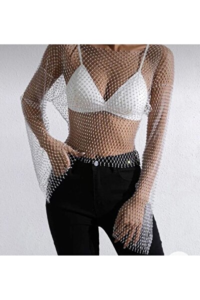 Noche 54cm Long Rhinestone Mesh Blouse
