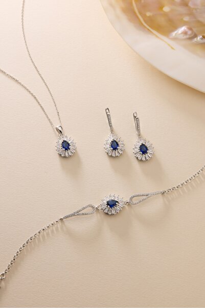 Nereze 925 Ayar Gümüş Set Rodyum Kaplama Damla Mavi Taşlı Kolye,Bileklik ve Küpe