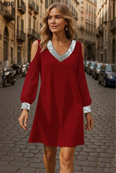 Modayakamoz Kadın V Yaka Tüllü Kol Mini Janjan Krep Kırmızı Elbise