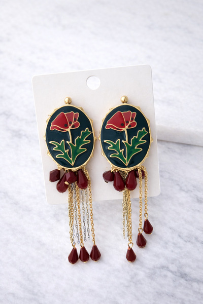 OEM Etnik Çiçek Detaylı Sallantılı Küpe – Bordo