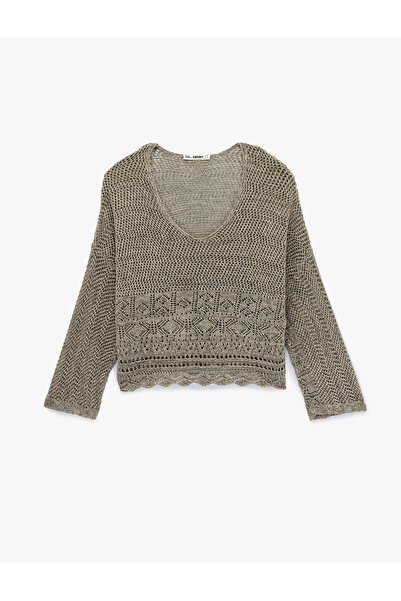 Koton Tricotaj tricotaj cu aspect dantelat cu mânecă lungă cu decolteu în V