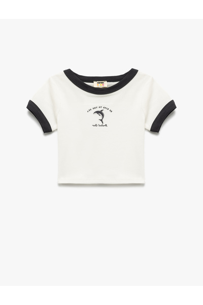 Koton Tricou cu mânecă scurtă din bumbac, cu decolteu, cu imprimeu