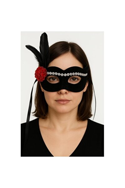 Fırsatkolik Black Color Suede Coated Silver Lace Red Rose Design Party Mask 1...
