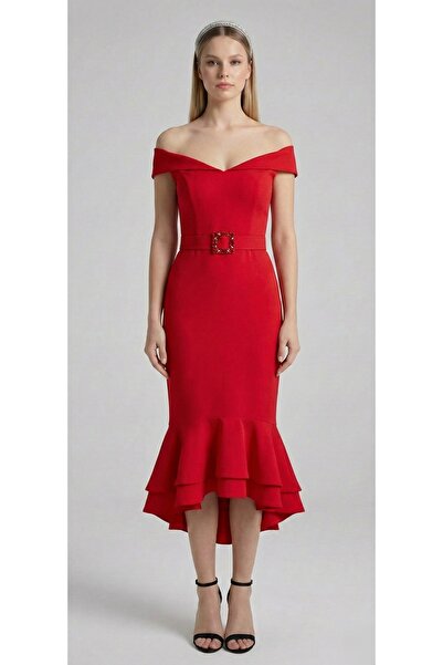 Sultan Ekşioğlu tasarımı korse likralı kırmızı abiye elbise