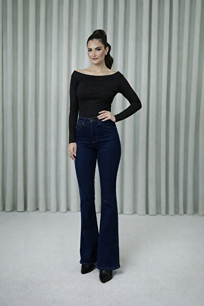 studio fashion 1988 Women's Dark Navy Blue High Waist Stretchy Flared Jean Tr...