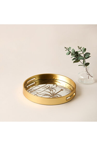 Lifestyle Palm Tree Print Round Decorative Tray with Cutout Handle - 30x30 cms