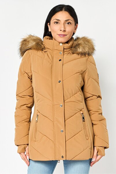 Michael Kors Women Faux Fur Quilted Puffer Jacket, Dark Beige