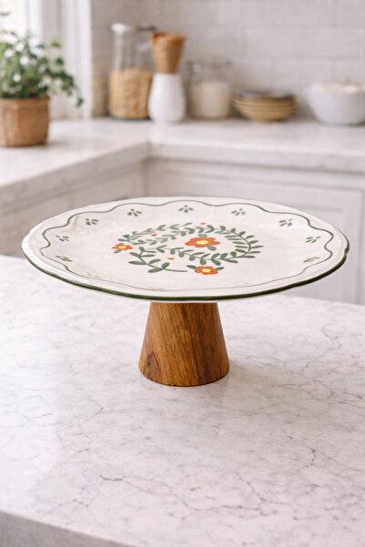 Evila Ahşap Ayaklı Porselen Servis Tabağı | Çiçek Desenli Pasta & Kek Standı ...
