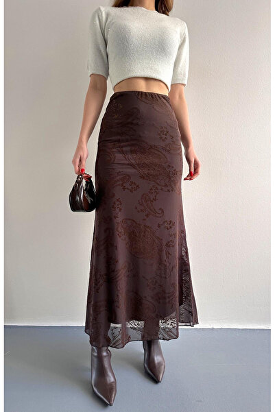 My Blog Brown Velvet Floral Patterned Skirt - 251134