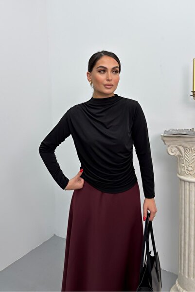 spirituel Women's Blouse Draped Long Sleeve Sandy Fabric High Collar Stretch ...