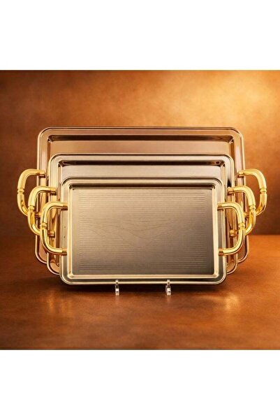 Dania Luxury 3-piece serving tray set ✨ Engraved nickel with gold handles (Sm...
