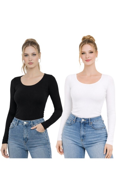 MODARENGİN بلوزة نسائية بأكمام طويلة وياقة راقصة الباليه باللونين الأسود والأبيض