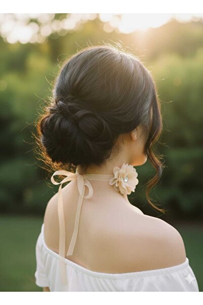 Esram Butik Women's Floral Stone Detailed Tulle Choker Bow Tie Neck Collar