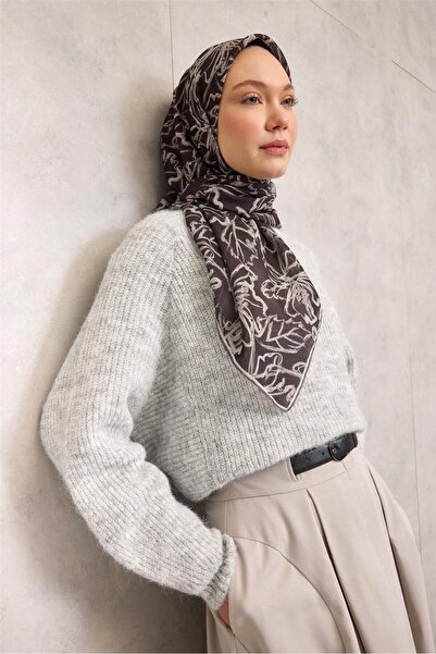 Silk Home Cotton Polyester Soft Scarf Lily Pattern Black 90X90