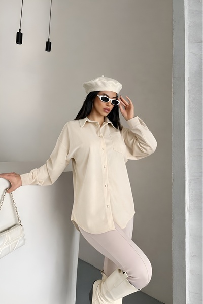 perla wear KADIN Kadife Kumaş Uzun Kollu Tek Cep Detaylı Gömlek