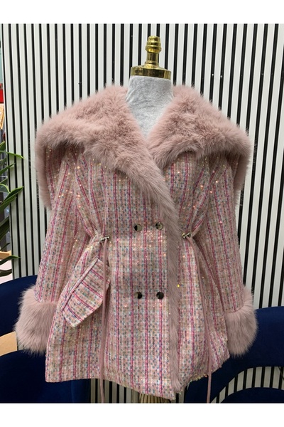 caddegiyimpendik İtalyan pembe payetli kürk