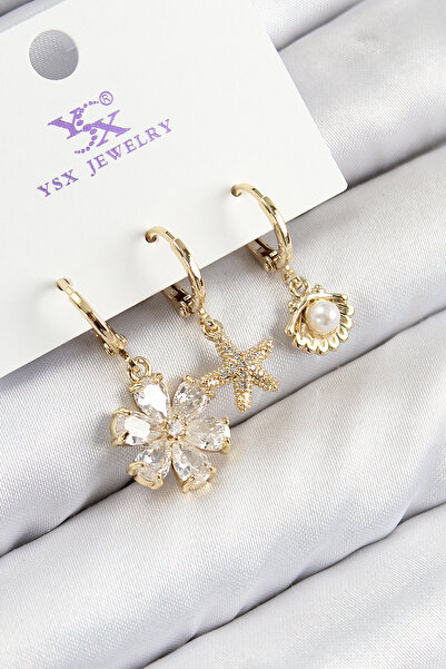 blackpure Brass Zircon Stone 3-Piece Oyster and Flower Model Gold Color Women...