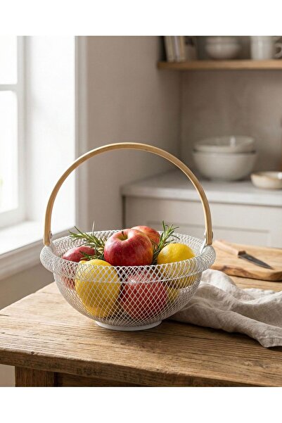 MOSTAFA A food basket made of iron with a wooden top handle, featuring an ele...