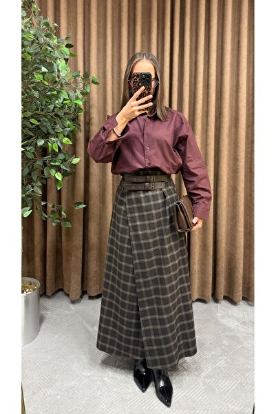 Maysa KAHVE YEŞİL EKOSELİ KEMERLİ YIRTMAÇLI ETEK