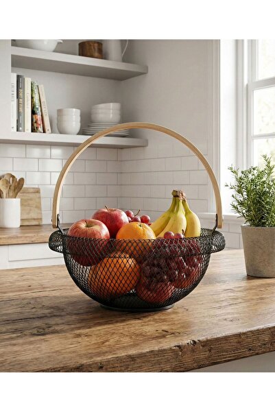 MOSTAFA A food basket made of iron with a wooden top handle, featuring an ele...