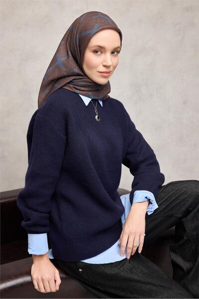 Silk Home Eșarfă moale din bumbac poliester model geometric maro deschis 90*90