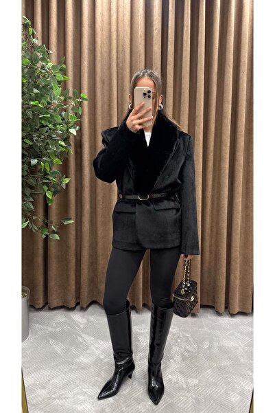 Maysa KÜRK YAKA PELUŞLU CEKET-SİYAH