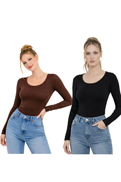 MODARENGİN بلوزة نسائية بأكمام طويلة وياقة راقصة الباليه باللون البني والأسود