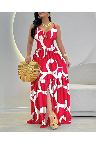 Bupel Women's Rope Strap Low-Cut Lace-Up Slit Patterned Single Jersey Dress