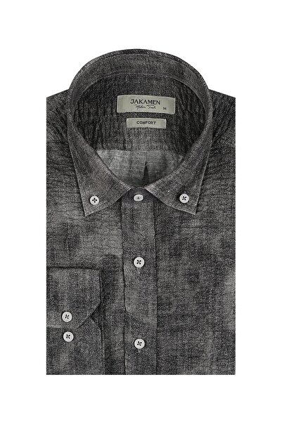 Jakamen Γκρι πουκάμισο με άνετη εφαρμογή από ύφασμα Gofre, με κουμπιά και μοτ...