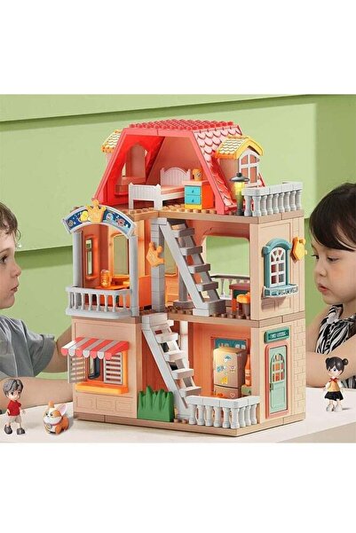 Beauenty بيت دمى من ثلاثة طوابق مع غرفة نافذة وشرفة وإضاءة LED وأثاث وإكسسوار...