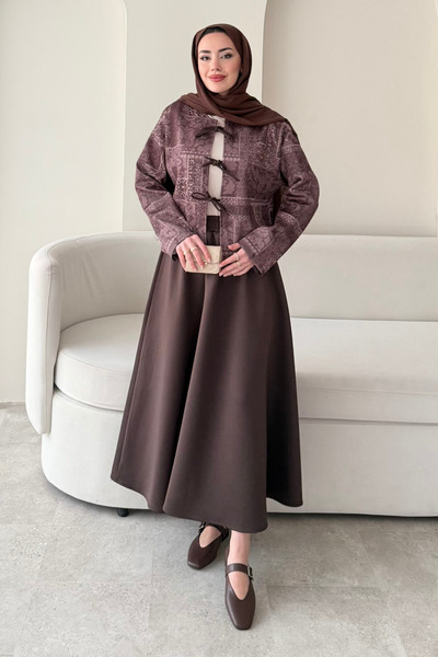 Tesettür Diyarı Ethnic Pattern Scuba Hijab Set - Bitter Brown