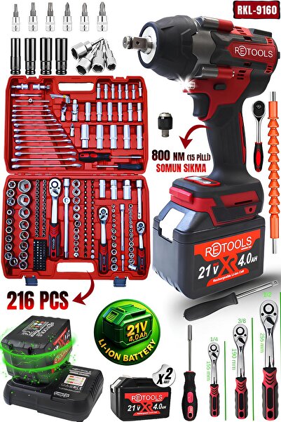 RETOOLS BORDO 2’Lİ SET (BORDO 800 NM TORKLU (15 PİLLİ) – BORDO 216 PARÇA LOKM...
