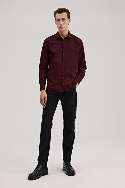 Jakamen Bordo Comfort Fit Alttan Düğmeli Yaka Desenli Gömlek
