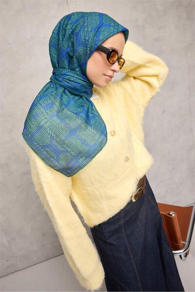 Silk Home Eșarfă moale din bumbac și poliester, model geometric, albastru înc...