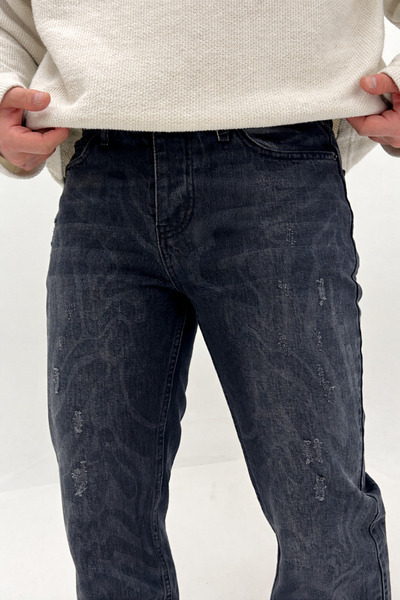 byediz Boris Denim Yıkamalı Lazerli Baskı Detaylı Erkek Baggy Kot Pantolon