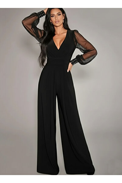 JANES Women's Black Double-Breasted Neckline Tulle Detailed Long Sleeve Visco...