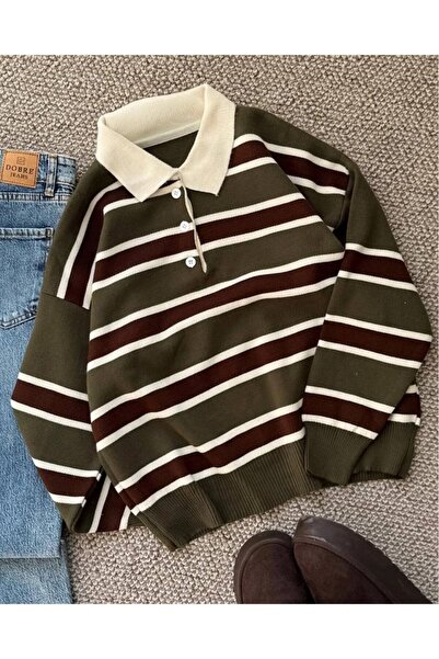 modapark.ist Women's Polo Neck Striped Trend Sweater