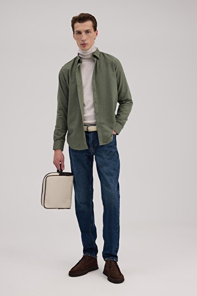 Jakamen Зелена удобна памучна риза с копчета и яка с мотиви